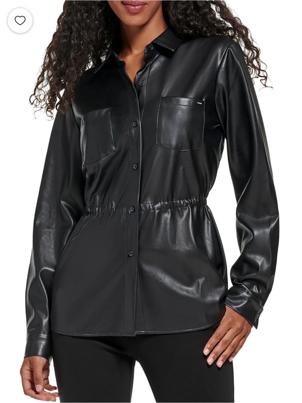 Calvin Klein Black Faux Leather Shirt Jacket Cinched Waist